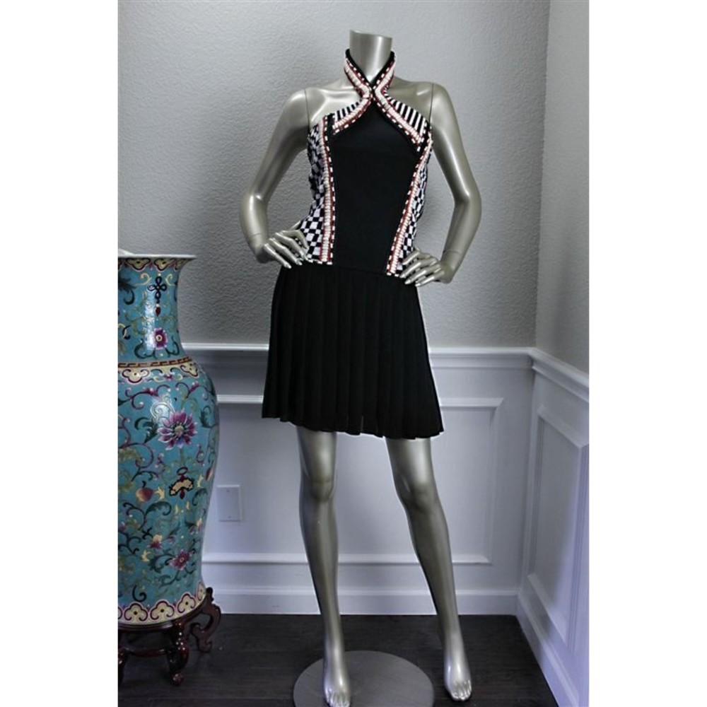 VHTF BALMAIN Black White Beaded Rhinestone Aztec Pleated Halter Dress 4 / 6